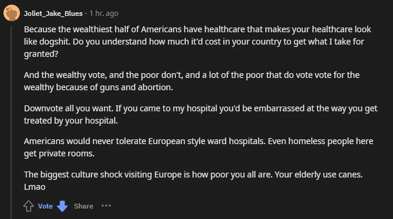 Reddit comment. Joliet_Jake_Blues (brown avatar, 1 hr ago). Text: "Because the wealthiest half of Americans have healthcare that makes your healthcare look like dogshit. Do you understand how much it'd cost in your country to get what I take for granted? And the wealthy vote, and the poor don't, and a lot of the poor that do vote vote for the wealthy because of guns and abortion. Downvote all you want. If you came to my hospital you'd be embarrassed at the way you get treated by your hospital. Americans would never tolerate European style ward hospitals. Even homeless people here get private rooms. The biggest culture shock visiting Europe is how poor you all are. Your elderly use canes. Lmao" Vote (blue downvote), Share, three-dot menu