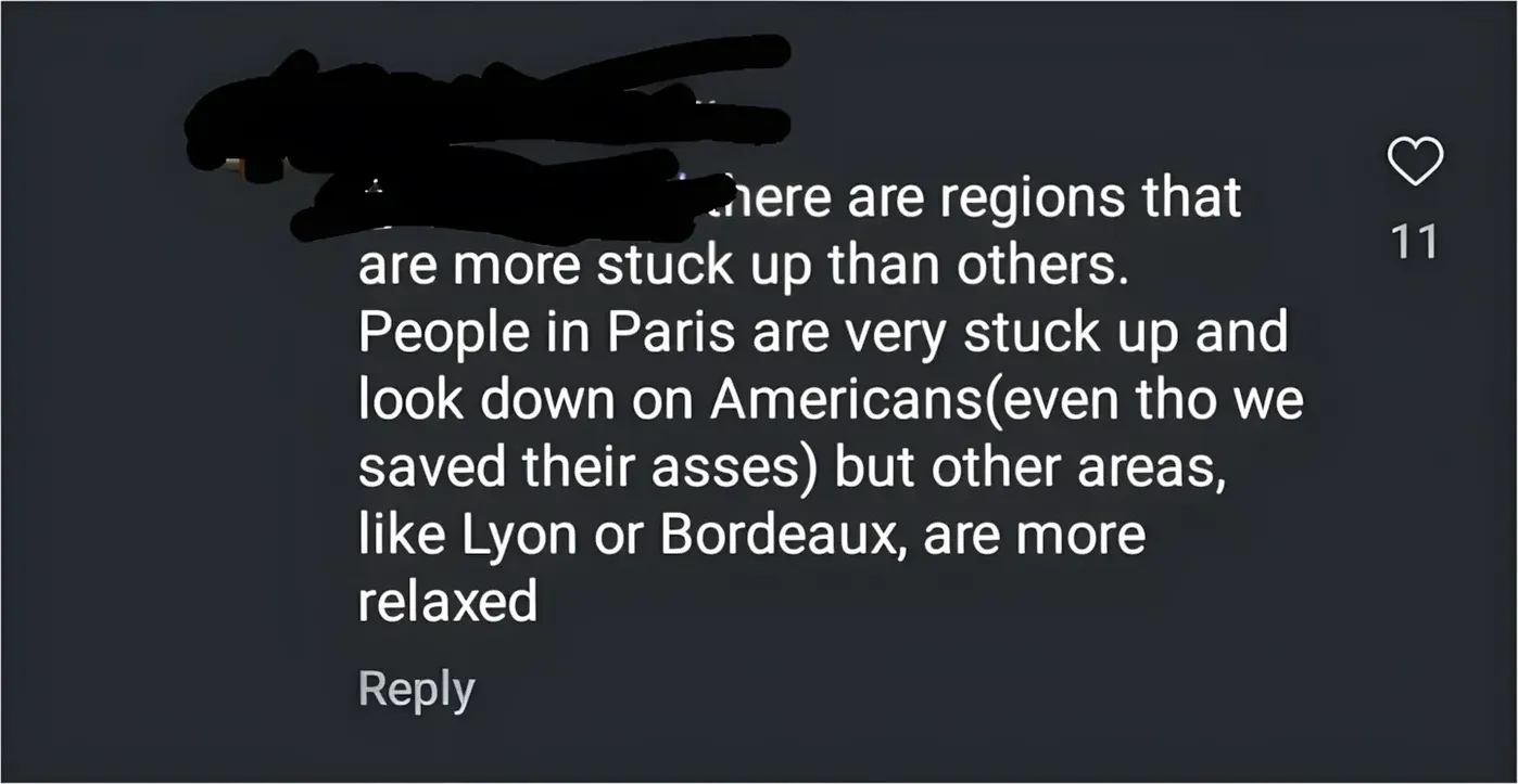 TikTok/Instagram comment (username redacted). Text: "here are regions that are more stuck up than others. People in Paris are very stuck up and look down on Americans(even tho we saved their asses) but other areas, like Lyon or Bordeaux, are more relaxed"