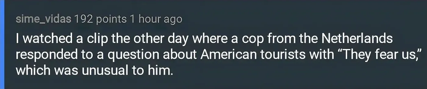 Reddit comment. sime_vidas (1 hour ago): "I watched a clip the other day where a cop from the Netherlands responded to a question about American tourists with 'They fear us,' which was unusual to him."