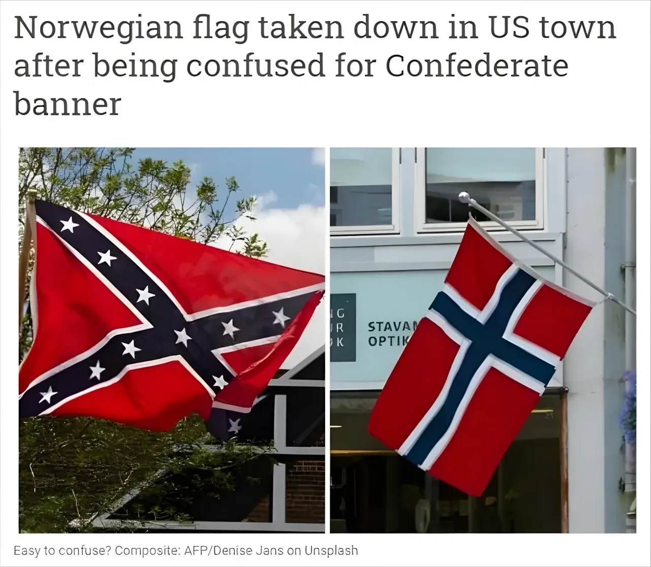 News article with headline "Norwegian flag taken down in US town after being confused for Confederate banner". Two side-by-side photos: Confederate battle flag (left) and Norwegian flag hanging on a building with "STAVA OPTI..." sign (right). Caption: "Easy to confuse? Composite: AFP/Denise Jans on Unsplash"