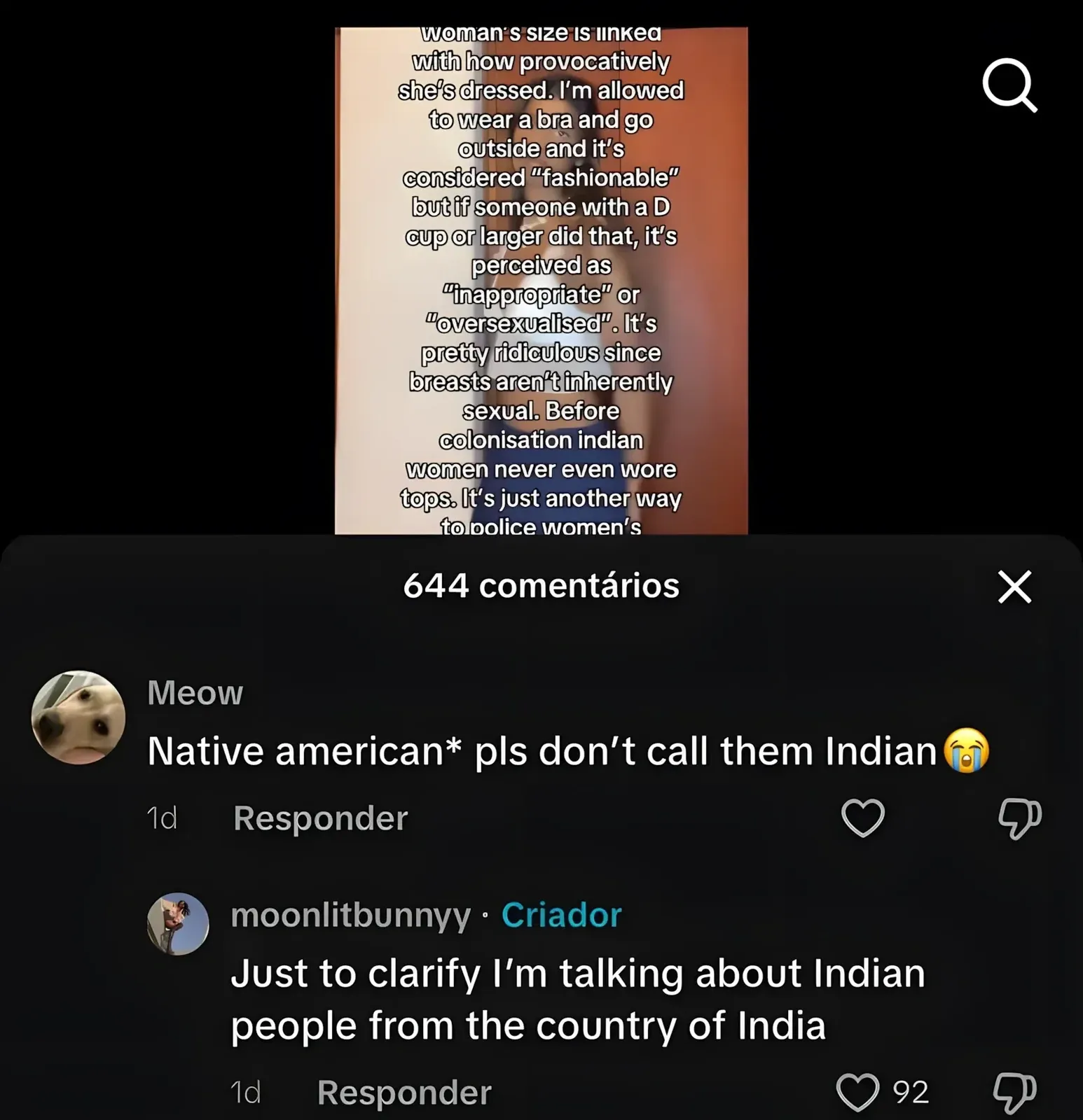 TikTok/Instagram post with Portuguese-language interface ("644 comentarios", "Responder"). Background shows blurred text about colonisation and Indian women. Comment from Meow (1d): "Native american* pls don't call them Indian" with crying emoji. Reply from moonlitbunnyy (Criador/Creator, 1d): "Just to clarify I'm talking about Indian people from the country of India"