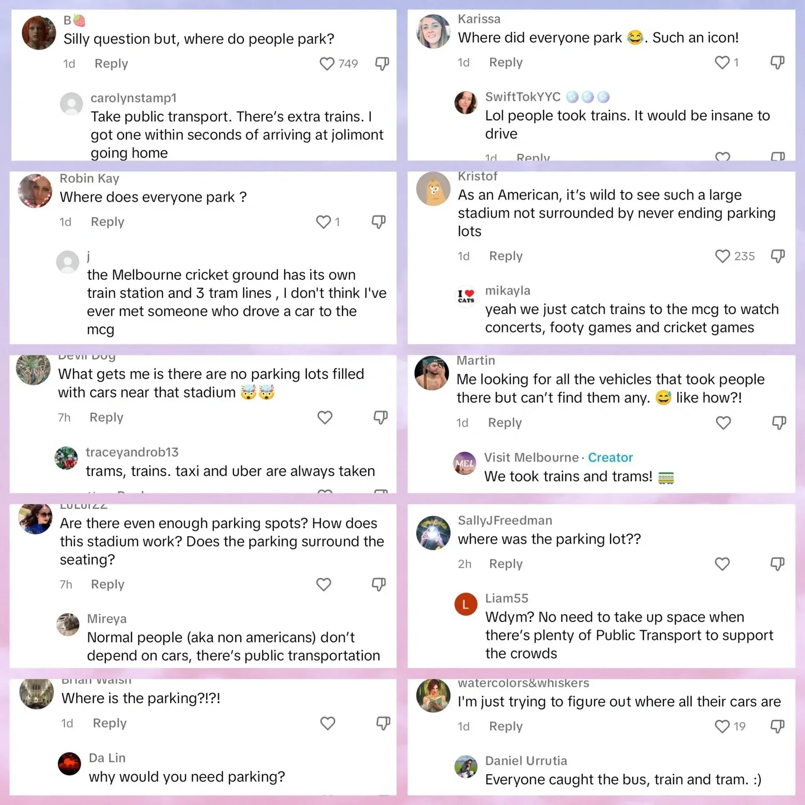 Collage/compilation of TikTok/Instagram comments about the Melbourne Cricket Ground. Multiple Americans asking where to park. Key comments: "Silly question but, where do people park?", "As an American, it's wild to see such a large stadium not surrounded by never ending parking lots" (Kristal), "What gets me is there are no parking lots filled with cars near that stadium". Replies explain: "Take public transport. There's extra trains." (carolynstamp1), "The Melbourne cricket ground has its own train station and 3 tram lines, I don't think I've ever met someone who drove a car to the mcg", "Normal people (aka non Americans) don't depend on cars, there's public transportation" (Mireva), "why would you need parking?" (Da Lin), "We took trains and trams!" (Visit Melbourne, verified)