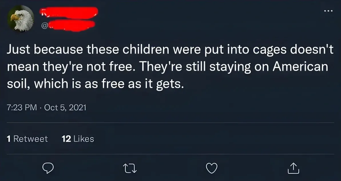 Twitter/X post (bald eagle avatar, username redacted, 7:23 PM, Oct 5, 2021). Text: "Just because these children were put into cages doesn't mean they're not free. They're still staying on American soil, which is as free as it gets."