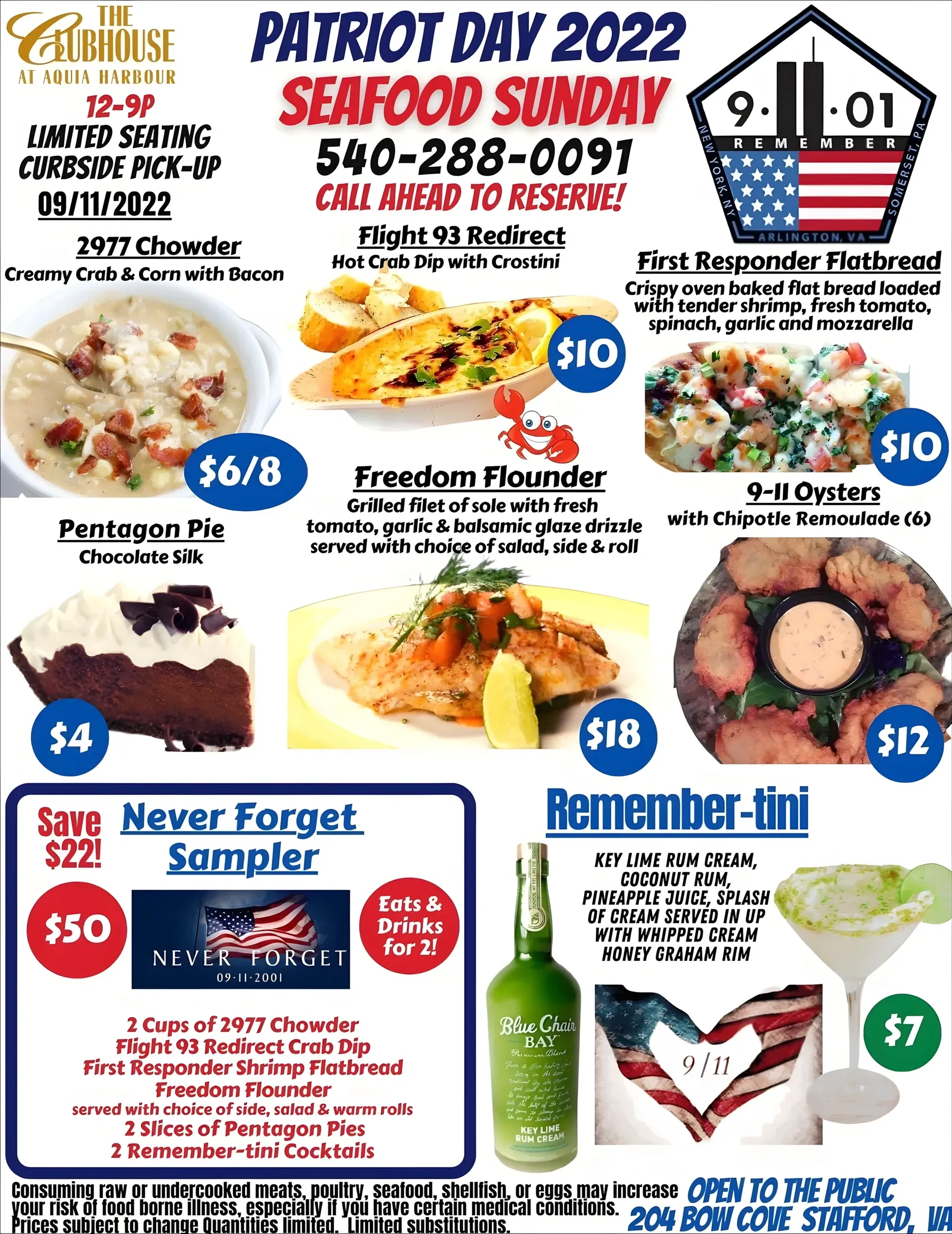 Restaurant promotional flyer for "The Clubhouse at Aquia Harbour" - "PATRIOT DAY 2022 SEAFOOD SUNDAY" dated 09/11/2022. 9/11-themed menu with food photos: "2977 Chowder - Creamy Crab & Corn with Bacon" ($6/8), "Flight 93 Redirect - Hot Crab Dip with Crostini" ($10), "First Responder Flatbread" ($10), "Pentagon Pie - Chocolate Silk" ($4), "Freedom Flounder" ($18), "9-11 Oysters with Chipotle Remoulade (6)" ($12), "Never Forget Sampler" ($50 for 2), "Remember-tini" cocktail ($7) with bottle showing "9/11" label. 9/11 memorial logo. Phone: 540-288-0091. 204 Bow Cove Stafford, VA