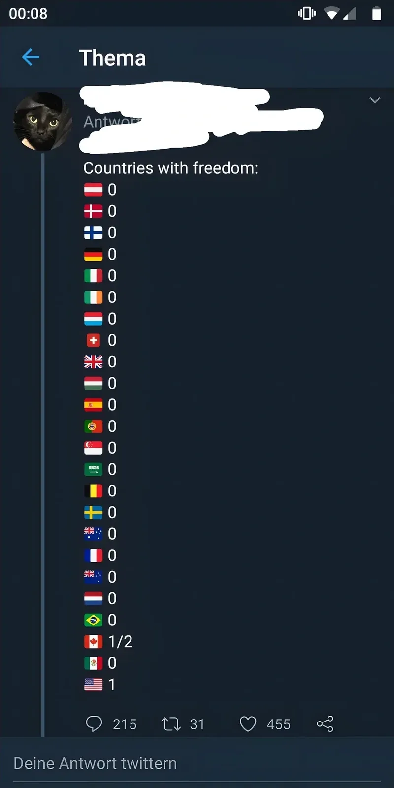 Twitter/X post on mobile with German-language interface ("Thema", "Deine Antwort twittern"). username redacted. "Countries with freedom:" followed by a long list of country flags (Austria, Denmark, Iceland, Germany, Italy, Ireland, Luxembourg, Switzerland, UK, Hungary, Spain, Turkey, Singapore, Saudi Arabia, Malta, Sweden, Australia, France, Norway, Netherlands, Brazil) each showing "0". Canada showing "1/2". Mexico showing "0". US flag showing "1".