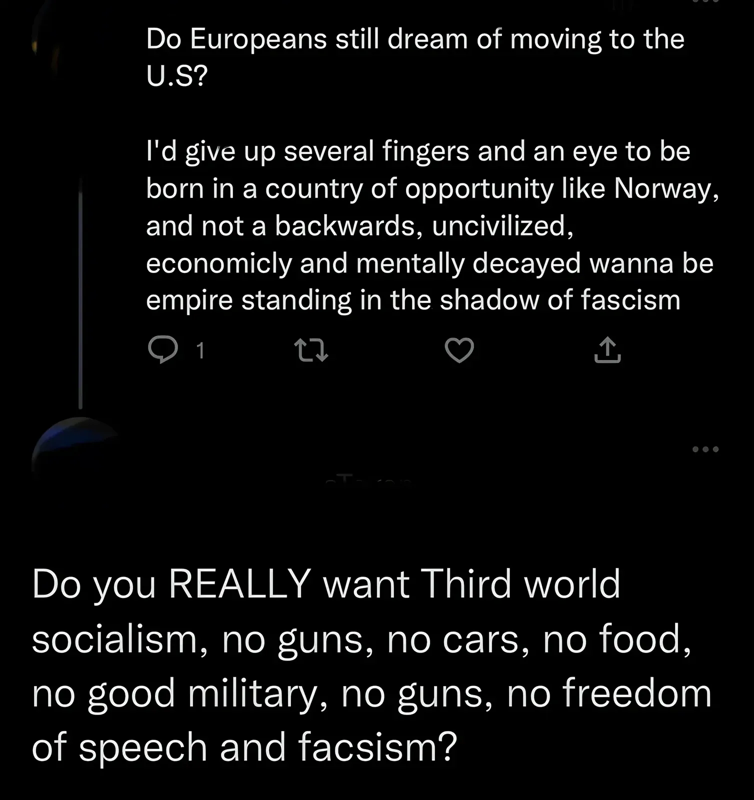Two-part Twitter/X screenshot. Top: Question "Do Europeans still dream of moving to the U.S?" Reply: "I'd give up several fingers and an eye to be born in a country of opportunity like Norway, and not a backwards, uncivilized, economicly and mentally decayed wanna be empire standing in the shadow of fascism". Bottom: Reply in larger font: "Do you REALLY want Third world socialism, no guns, no cars, no food, no good military, no guns, no freedom of speech and facsism?"