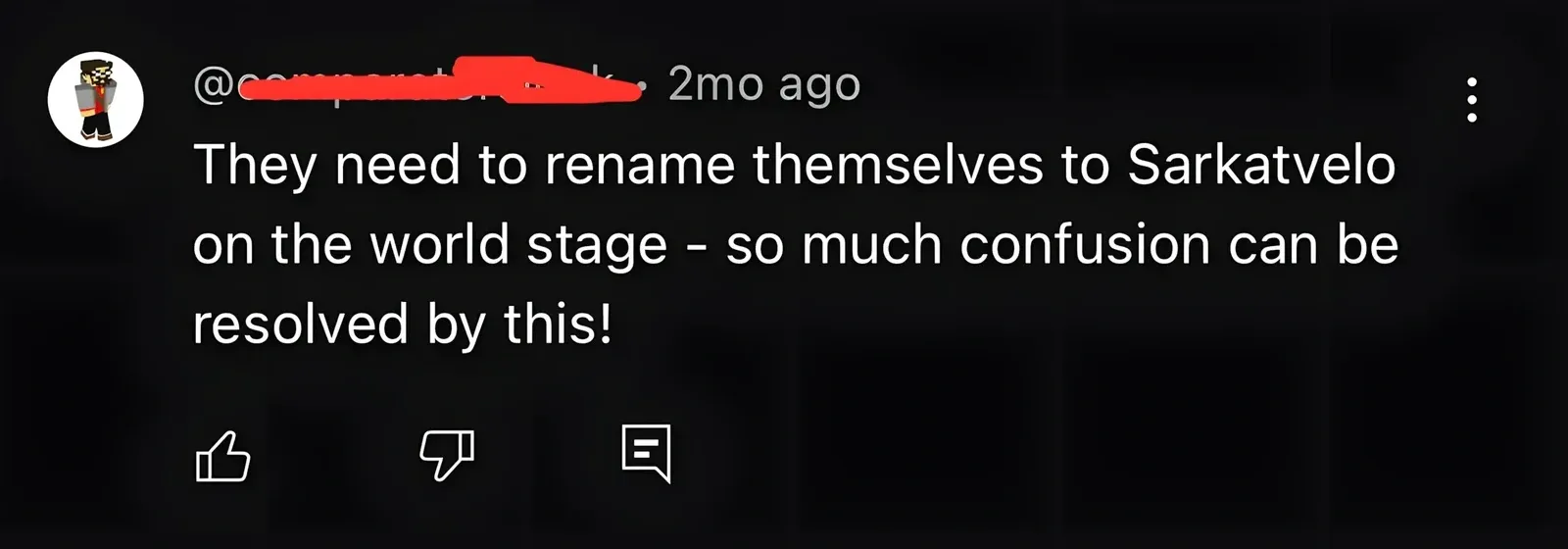 YouTube comment. Minecraft character avatar, username partially redacted (@comp...), 2mo ago. Text: "They need to rename themselves to Sarkatvelo on the world stage - so much confusion can be resolved by this!"