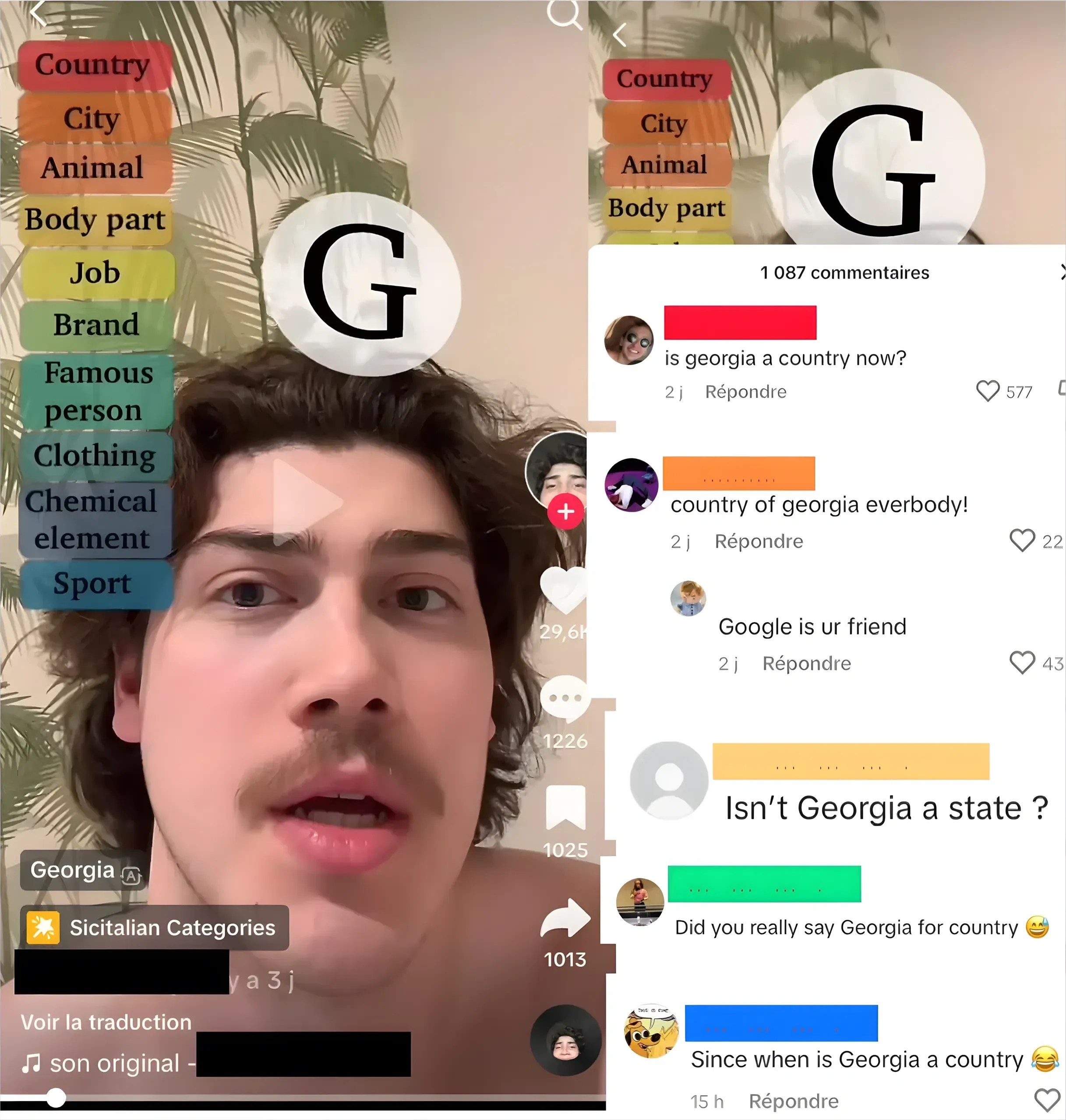 TikTok screenshot composite with French-language interface ("Repondre", "Voir la traduction", "commentaires"). Left: TikTok video of young man playing categories game for letter "G" with categories (Country, City, Animal, etc). He answered "Georgia" for Country. Username: Sicitalian Categories, 3 j (3 days). Right: (username redacted colours): "is georgia a country now?", "country of georgia everbody!", "Google is ur friend", "Isn't Georgia a state?", "Did you really say Georgia for country", "Since when is Georgia a country" with laughing emoji
