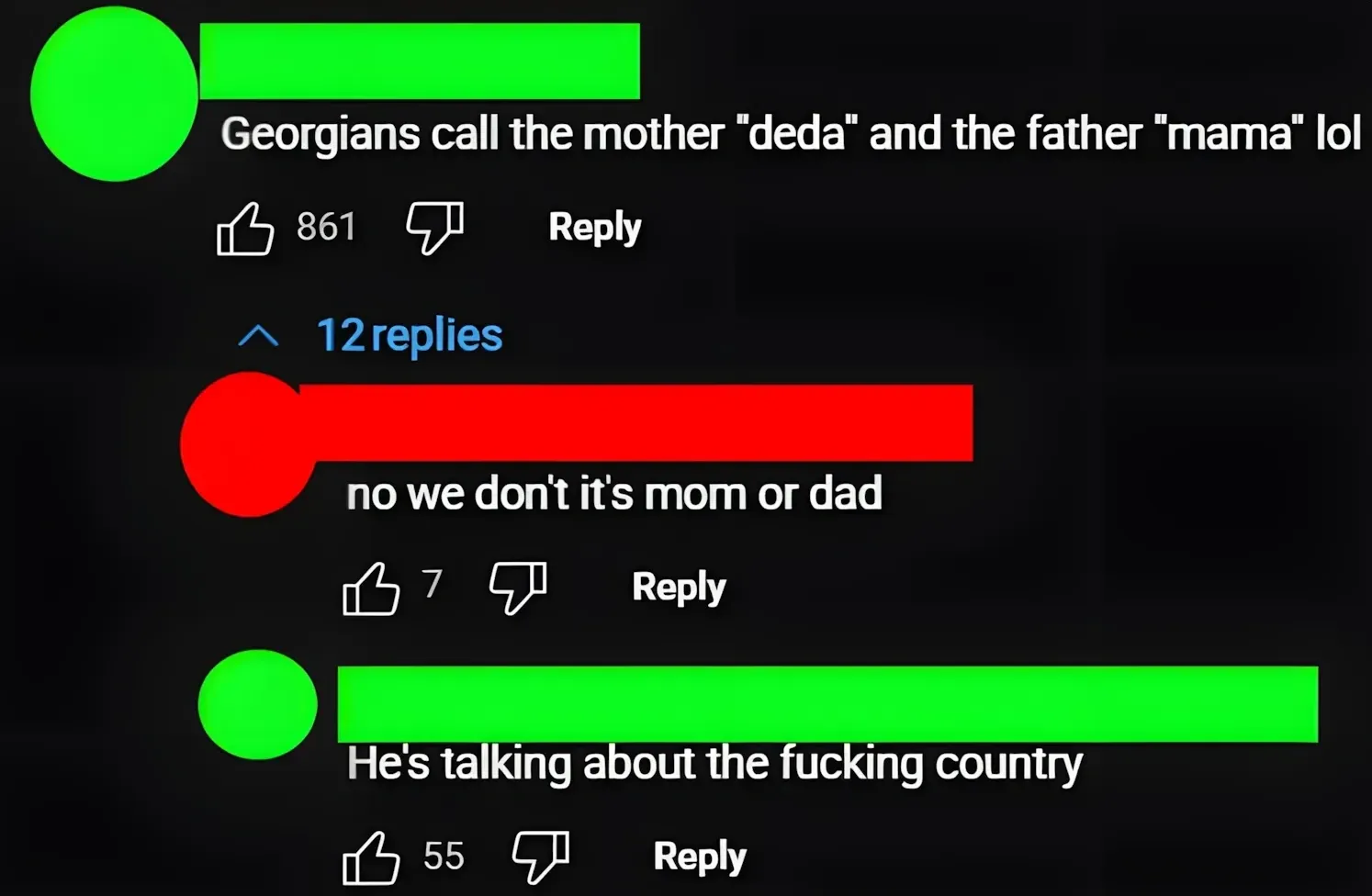 YouTube comment thread. First comment (username redacted): "Georgians call the mother 'deda' and the father 'mama' lol". Reply (username redacted): "no we don't it's mom or dad". Reply (username redacted): "He's talking about the fucking country"