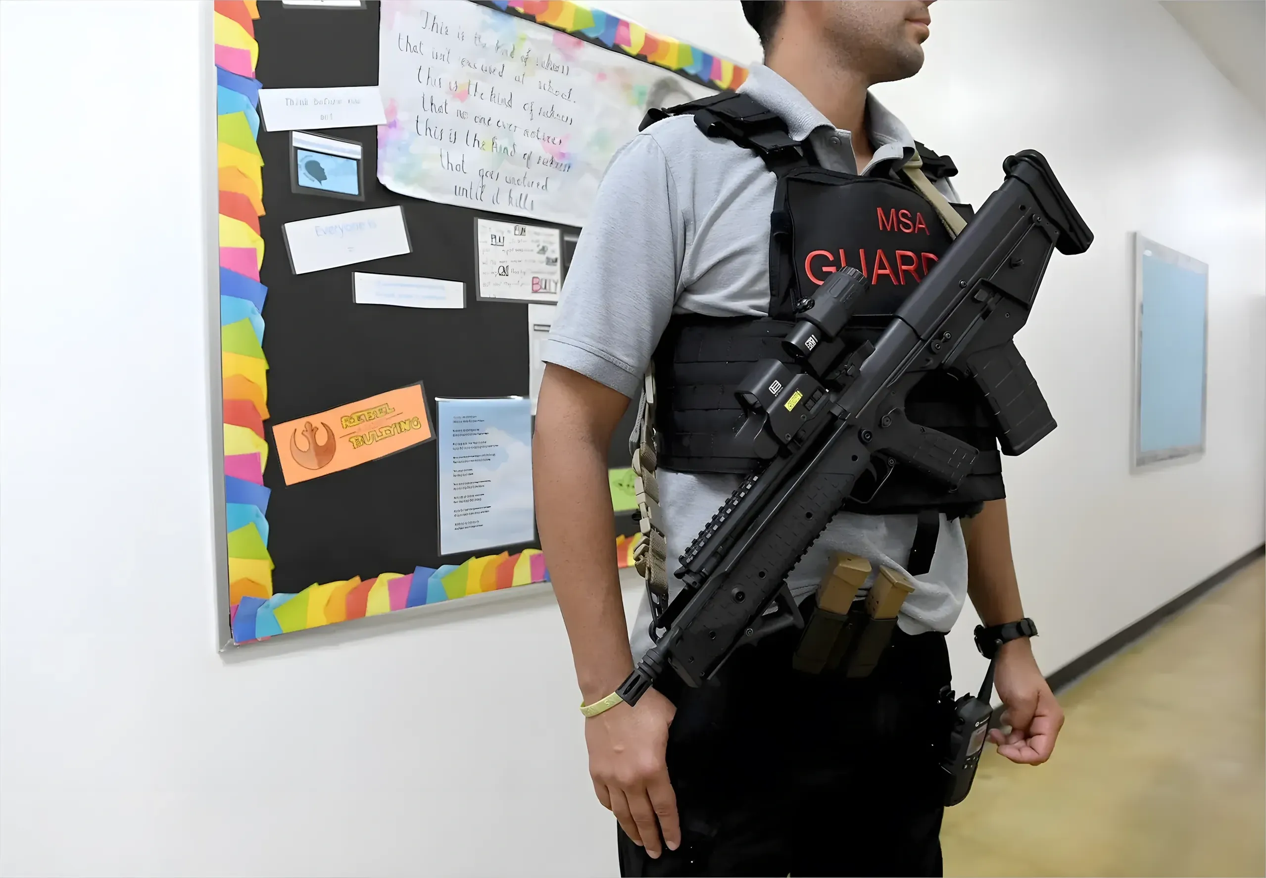 Photo of an armed security guard in a school hallway. Guard wears body armour vest with "MSA GUARD" text and carries a large tactical rifle. He stands next to a colourful children's bulletin board with rainbow border and student artwork