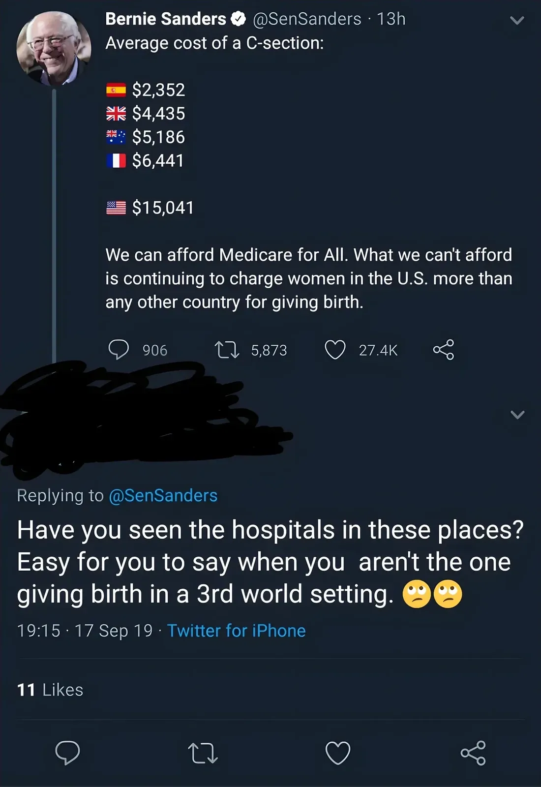 Twitter/X thread. Bernie Sanders (@SenSanders, 13h) with profile photo. Tweet: "Average cost of a C-section:" with flag emojis and costs for different countries: $2,352, $4,435, $5,186, $6,441, US flag $15,041. "We can afford Medicare for All. What we can't afford is continuing to charge women in the U.S. more than any other country for giving birth." Reply: "Have you seen the hospitals in these places? Easy for you to say when you aren't the one giving birth in a 3rd world setting." with eye-roll emojis. 19:15, 17 Sep 19.