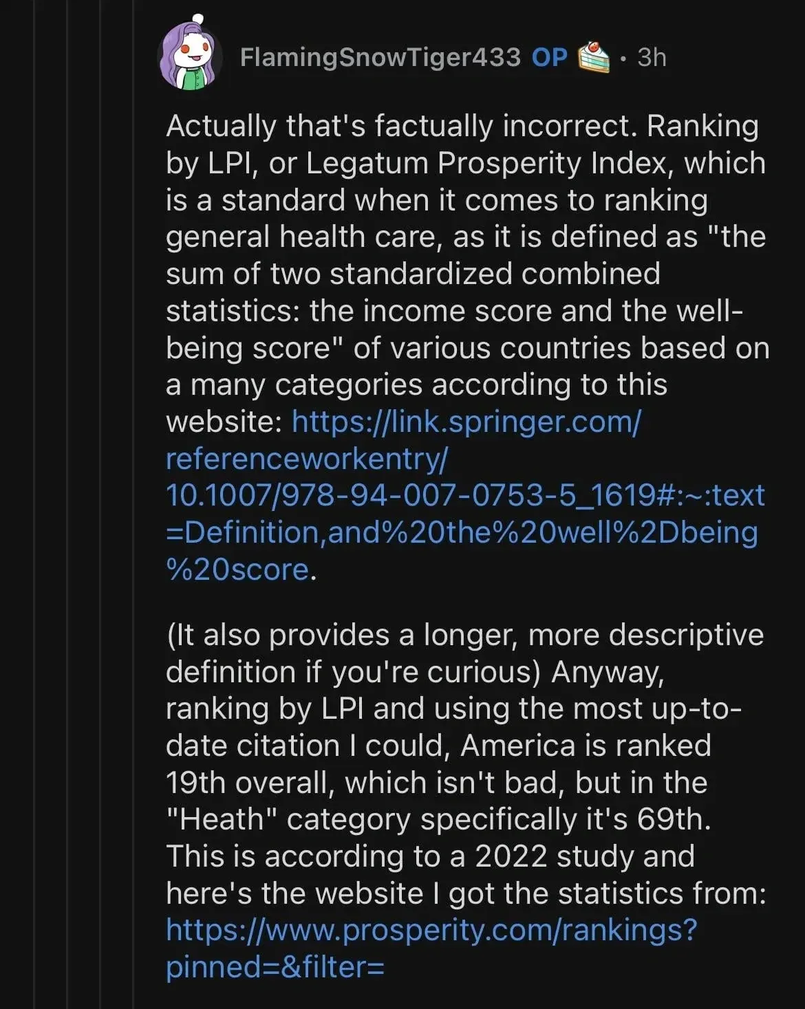 Reddit/Discord comment by FlamingSnowTiger433 (OP, 3h). Long comment about US healthcare rankings, citing Legatum Prosperity Index (LPI). States America is ranked 19th overall and 69th in the "Heath" category specifically, according to a 2022 study. Links to prosperity.com/rankings and link.springer.com
