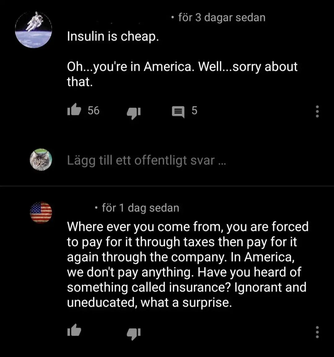 YouTube comment thread with Swedish-language interface ("Lagg till ett offentligt svar", "for 3 dagar sedan"). First comment (astronaut avatar, 3 days ago): "Insulin is cheap. Oh...you're in America. Well...sorry about that." Second comment (US flag avatar, 1 day ago): "Where ever you come from, you are forced to pay for it through taxes then pay for it again through the company. In America, we don't pay anything. Have you heard of something called insurance? Ignorant and uneducated, what a surprise."