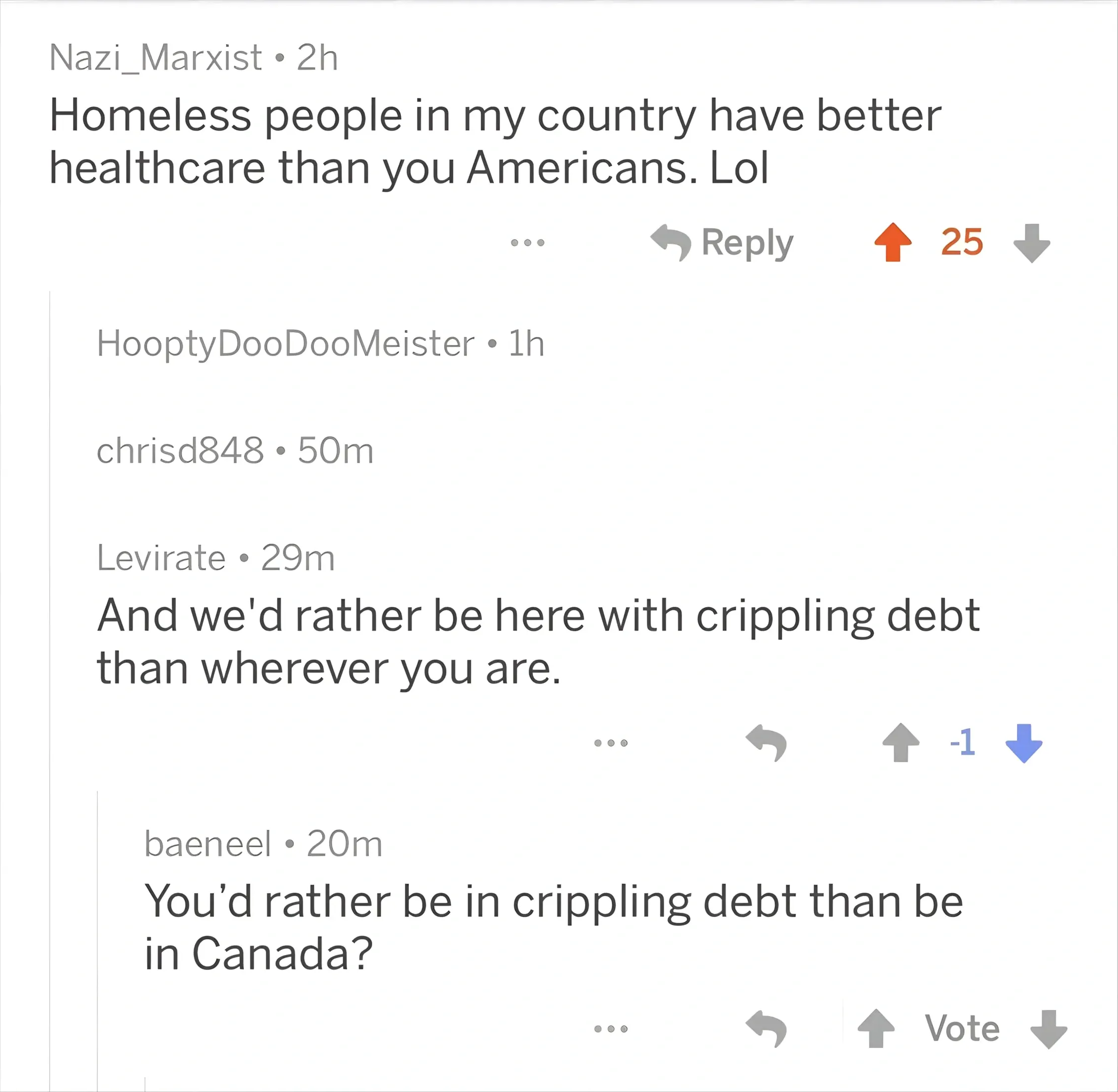 Reddit comment thread. Nazi_Marxist (2h): "Homeless people in my country have better healthcare than you Americans. Lol". Replies below. Levirate (29m, -1): "And we'd rather be here with crippling debt than wherever you are." Reply by baeneel (20m): "You'd rather be in crippling debt than be in Canada?"