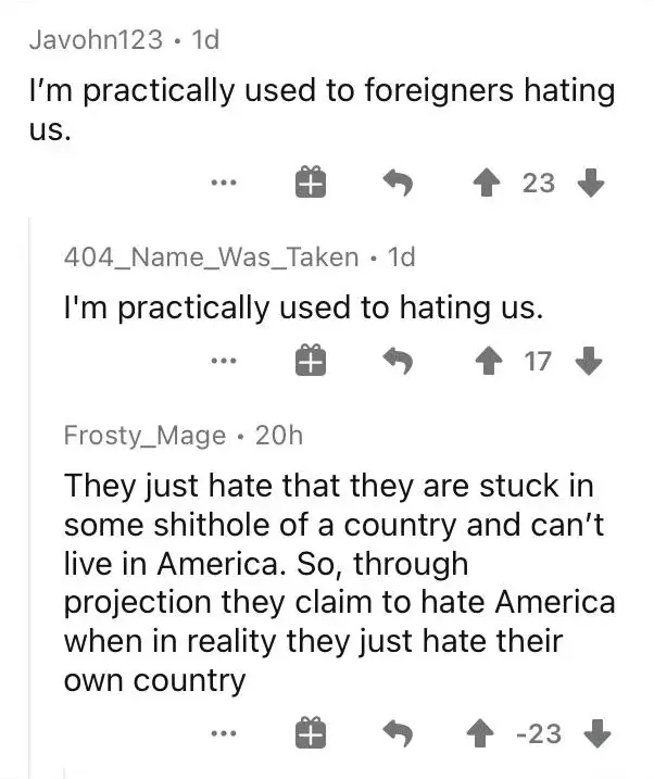 Reddit comment thread. Javohn123 (1d): "I'm practically used to foreigners hating us." 404_Name_Was_Taken (1d): "I'm practically used to hating us." Frosty_Mage (20h, -23 downvotes): "They just hate that they are stuck in some shithole of a country and can't live in America. So, through projection they claim to hate America when in reality they just hate their own country"