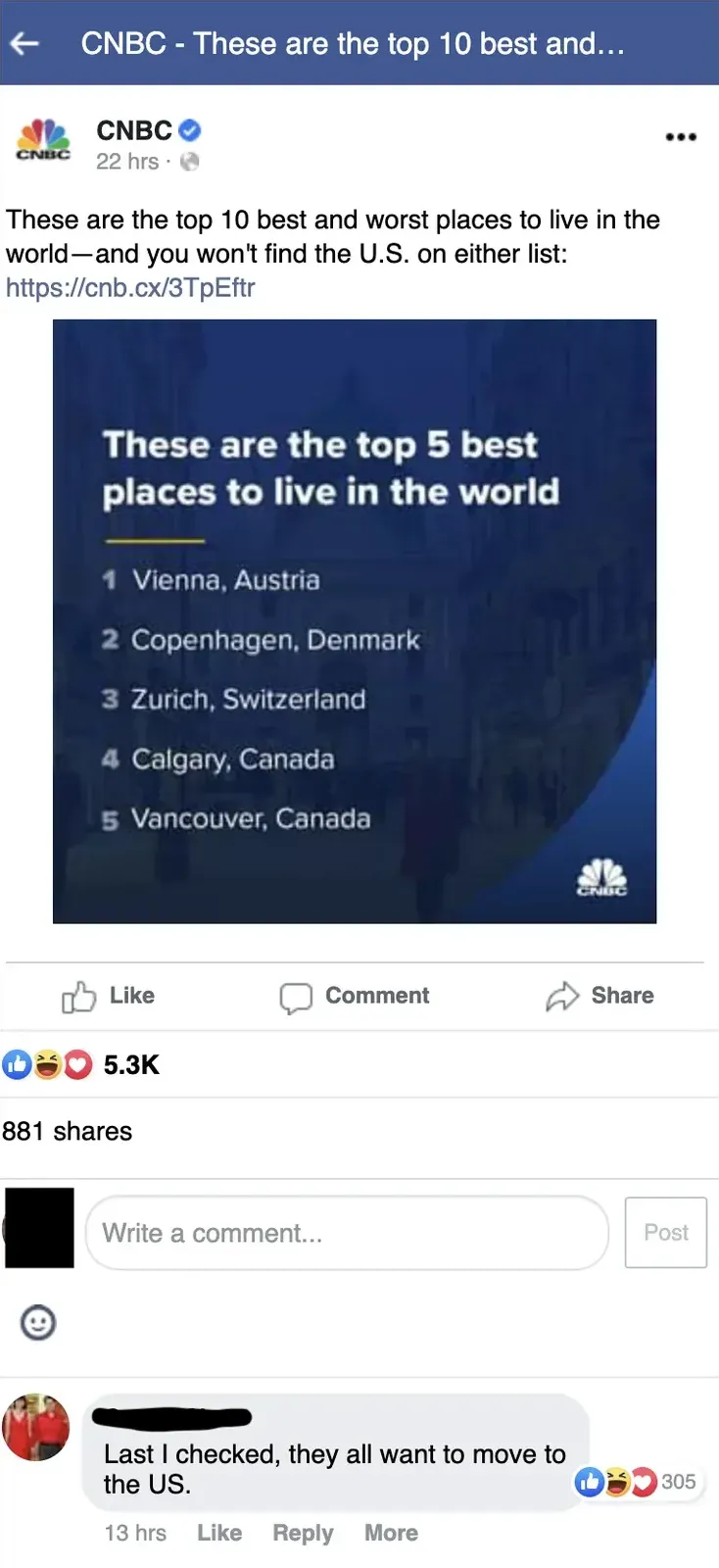 Facebook post. CNBC shared article: "These are the top 10 best and worst places to live in the world - and you won't find the U.S. on either list". Embedded graphic: "These are the top 5 best places to live in the world: 1. Vienna, Austria, 2. Copenhagen, Denmark, 3. Zurich, Switzerland, 4. Calgary, Canada, 5. Vancouver, Canada". Comment: "Last I checked, they all want to move to the US."