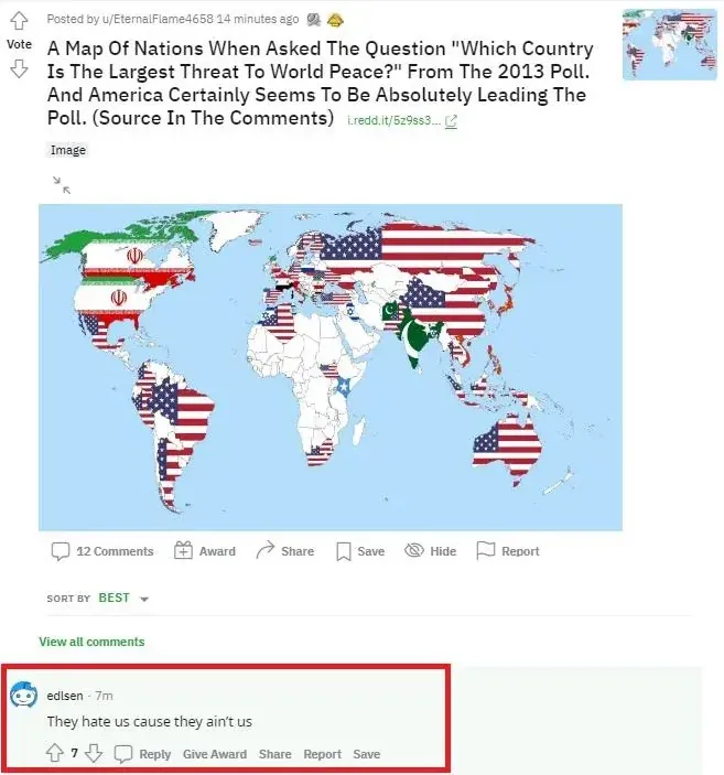 Reddit post by u/EternalFlame4638. Title: 'A Map Of Nations When Asked The Question "Which Country Is The Largest Threat To World Peace?" From The 2013 Poll.' World map with country flags showing US flag across most nations. Comment by edisen (7m, highlighted): "They hate us cause they ain't us".