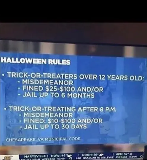 TV news screenshot. Chesapeake, Virginia municipal code "Halloween Rules" displayed: "Sec 46-8 - Halloween activities restricted. If over 12 years old - guilty of a misdemeanor. If out after 8 PM - guilty of a misdemeanor. Punishable by a jail sentence of up to 6 months and/or $25-100 fine"