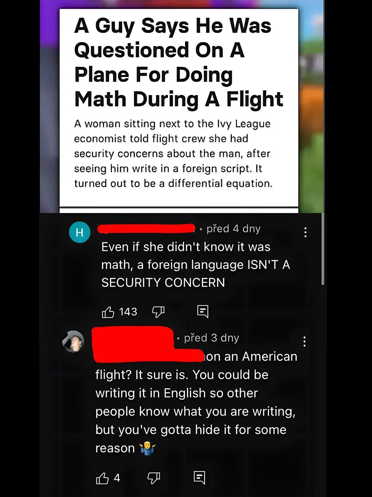 Two-part image. Top: News article headline "Ivy League economist ethnically profiled, interrogated for doing math on American Airlines flight" with photo of bearded man (Guido Menzio). Article text describes a woman next to him on the plane seeing his differential equations and alerting a flight attendant, thinking it was foreign script. Bottom: Reddit comment thread discussing the incident. ChocolateSunrise: "The woman reported him to the crew for having 'suspicious notes.'" Reply by Trumpicana: "Dont you think it more has to do with how a person looks? I mean if a middle eastern person is writing in a weird script on a plane I can see the cause for concern."