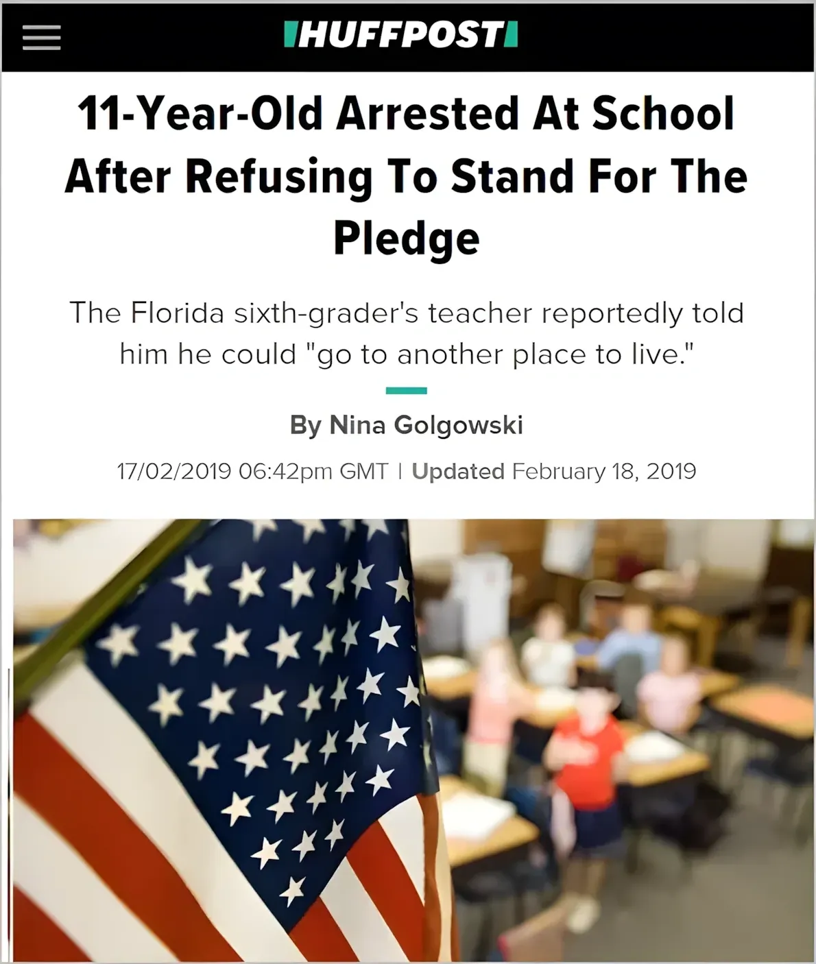 HuffPost article screenshot. Headline: "11-Year-Old Arrested At School After Refusing To Stand For The Pledge". Photo of an American flag hanging from a ceiling in what appears to be a school hallway