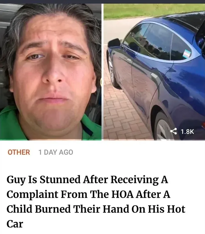 News article thumbnail. Bored Panda headline: "Guy Is Stunned After Receiving A Complaint From The HOA After A Child Burned Their Hand On His Hot Car". Photo of a grey SUV parked in a residential area