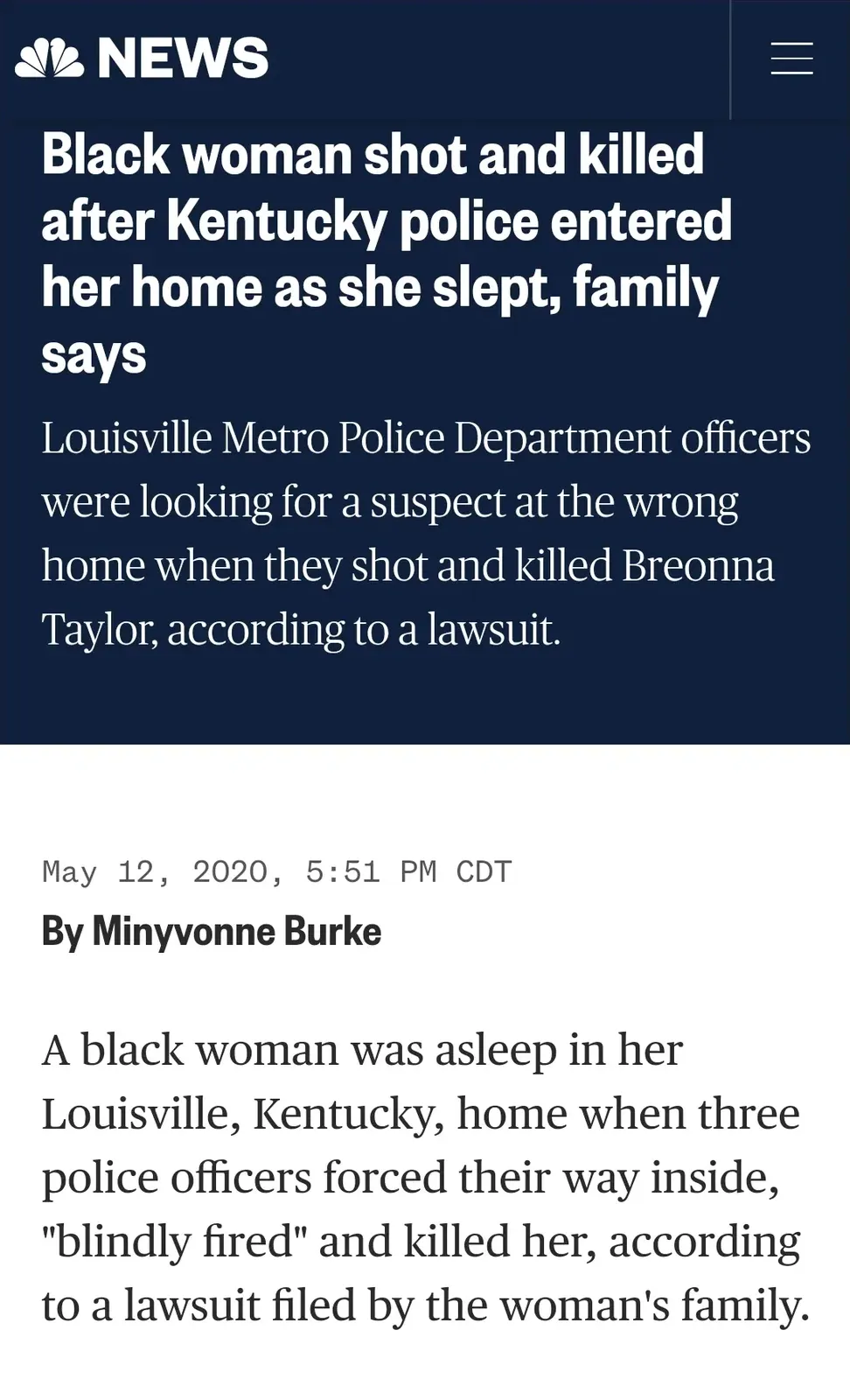 NBC News article screenshot. Headline: "Black woman shot and killed after Kentucky police entered her home as she slept, family says". Photo of Breonna Taylor smiling. Article describes the no-knock warrant shooting in Louisville, Kentucky