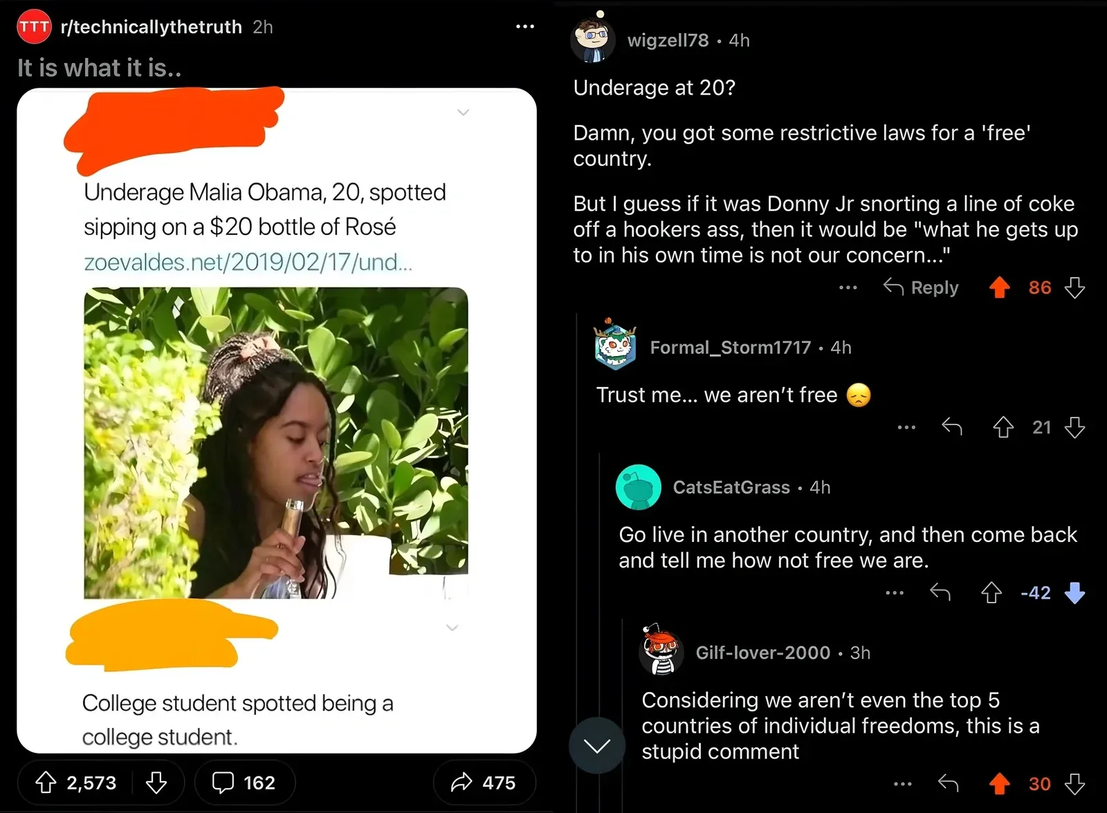 Reddit composite. Top: r/technicallythetruth post about "Malia Obama spotted with rose" (underage drinking story). Bottom: comment thread discussing restrictive US laws. Key comment: "Meanwhile, the US ranks 15th on the Freedom Index." Reply: "15th?? I've seen 62nd..." Further reply: "depends on the index"