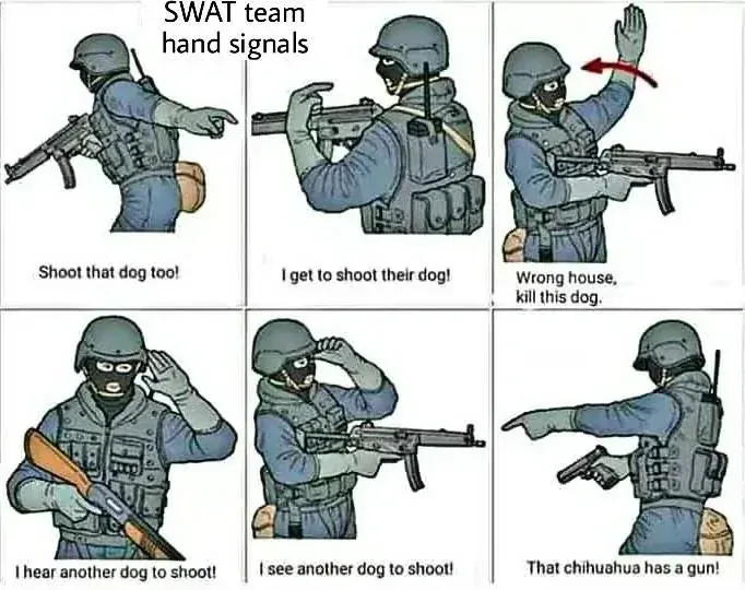 Satirical meme titled "SWAT TEAM HAND SIGNALS" with 6 panels. Each panel shows a tactical hand signal with a humorous label, all relating to shooting dogs: "SHOOT THE DOG", "I'LL SHOOT THE DOG", "DOG OVER THERE, SHOOT IT", "SHOOT THAT DOG OVER THERE", "THERE'S TWO DOGS, SHOOT THEM", "DOG BEHIND THE DOOR, SHOOT IT"