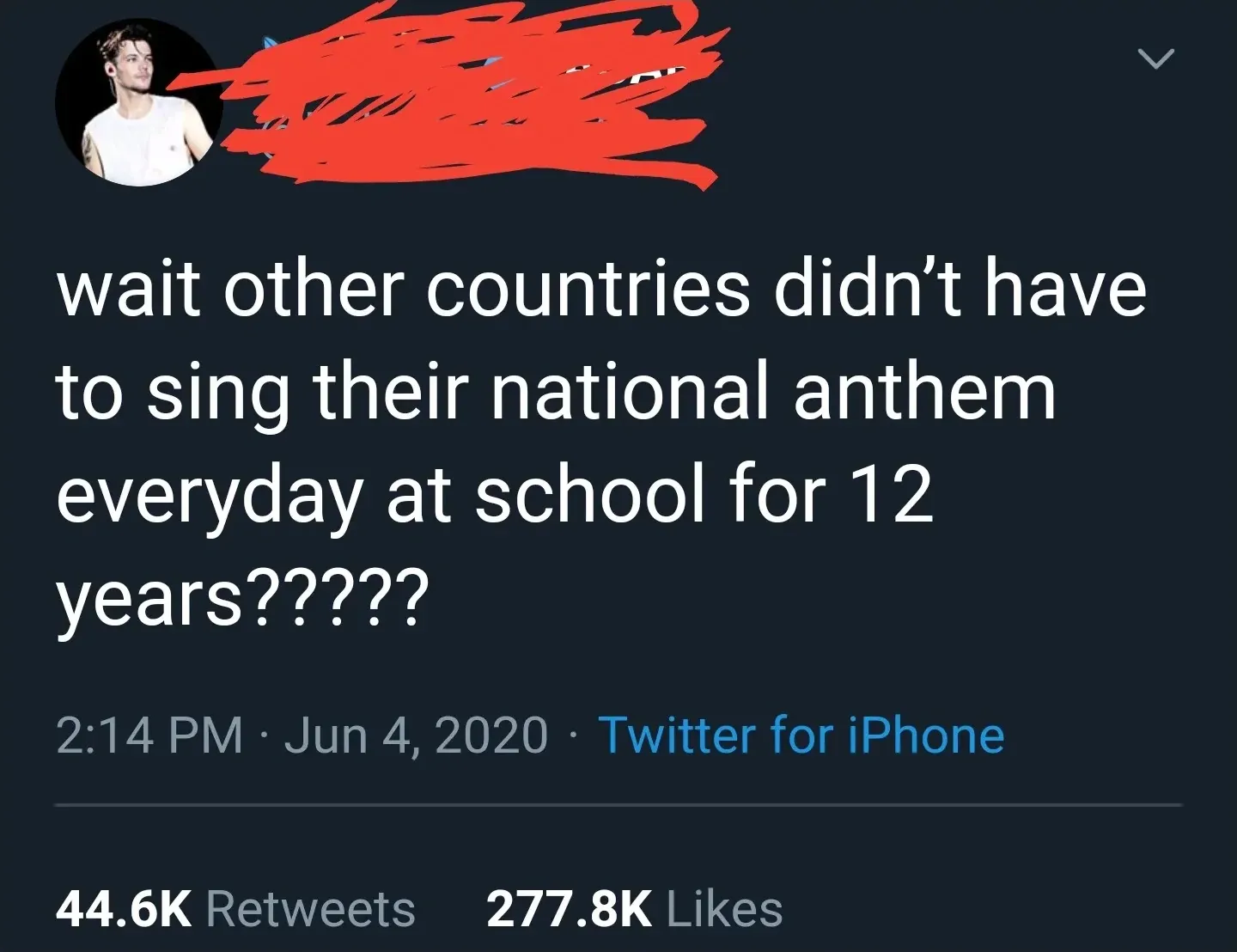 Twitter/X post (username redacted). Tweet: "wait other countries didn't have to sing their national anthem everyday at school for 12 years?????" 2:14 PM, Jun 4, 2020.