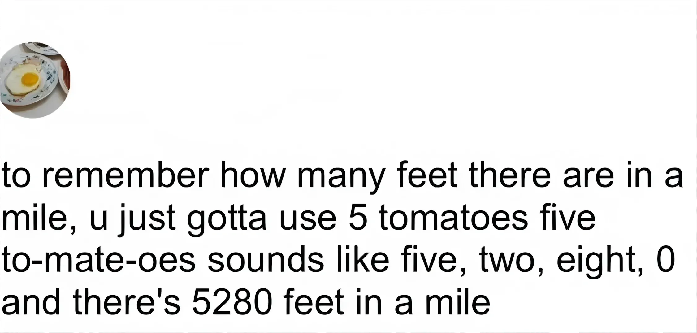 Social media post (avatar shows a fried egg on a plate). Large text: "to remember how many feet there are in a mile, u just gotta use 5 tomatoes five to-mate-oes sounds like five, two, eight, 0 and there's 5280 feet in a mile"