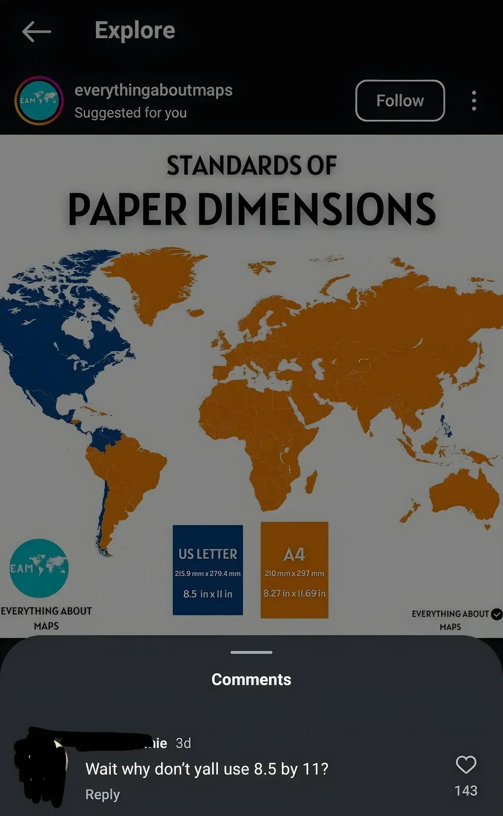 Instagram post by everythingaboutmaps (Suggested for you, Explore page). Infographic: "STANDARDS OF PAPER DIMENSIONS" with world map showing US Letter (blue, 215.9mm x 279.4mm / 8.5in x 11in) used in North/South America, and A4 (orange, 210mm x 297mm / 8.27in x 11.69in) used in rest of world. "EVERYTHING ABOUT MAPS" watermark. Comments section: comment (username redacted, 3d): "Wait why don't yall use 8.5 by 11?"