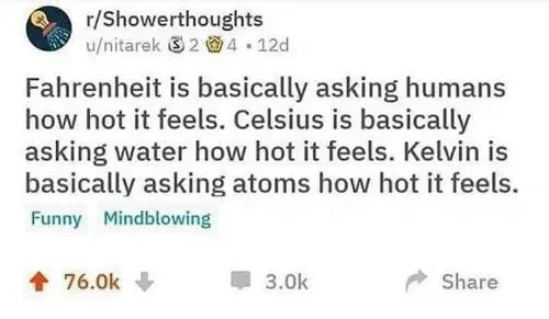 Reddit post screenshot from r/Showerthoughts by u/nitarek (2 awards, 12d). Text: "Fahrenheit is basically asking humans how hot it feels. Celsius is basically asking water how hot it feels. Kelvin is basically asking atoms how hot it feels." Tagged Funny, Mindblowing.