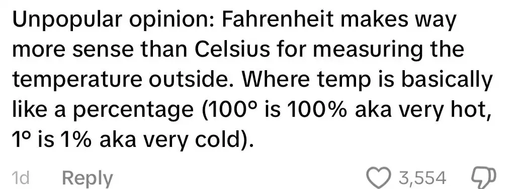 TikTok/Instagram comment (1d). Comment: "Unpopular opinion: Fahrenheit makes way more sense than Celsius for measuring the temperature outside. Where temp is basically like a percentage (100 degrees is 100% aka very hot, 1 degree is 1% aka very cold)."