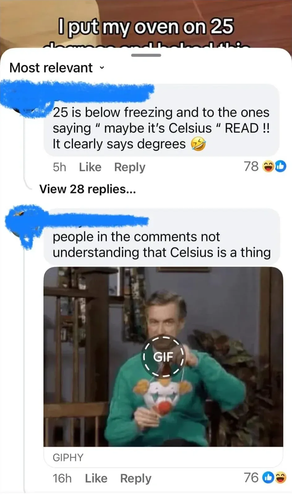 Facebook comment thread. Top: partial view of a post/meme with text "I put my oven on 25 degrees and it..." (cut off). Sorted by Most relevant. First comment (5h): "25 is below freezing and to the ones saying 'maybe it's Celsius' READ!! It clearly says degrees" with rolling eyes emoji. Second comment (16h): "people in the comments not understanding that Celsius is a thing" with embedded GIPHY GIF of man shrugging