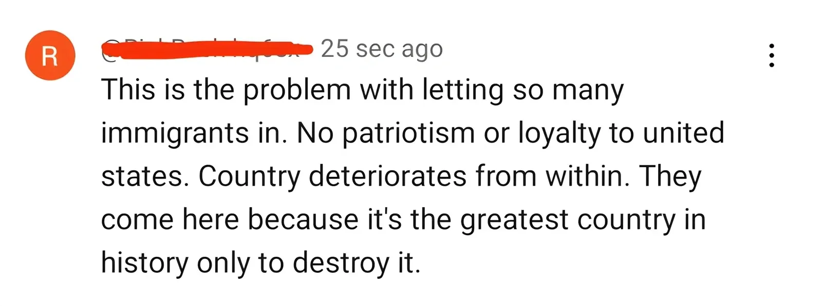 YouTube/social media comment (username redacted, 25 sec ago). Comment: "This is the problem with letting so many immigrants in. No patriotism or loyalty to united states. Country deteriorates from within. They come here because it's the greatest country in history only to destroy it."