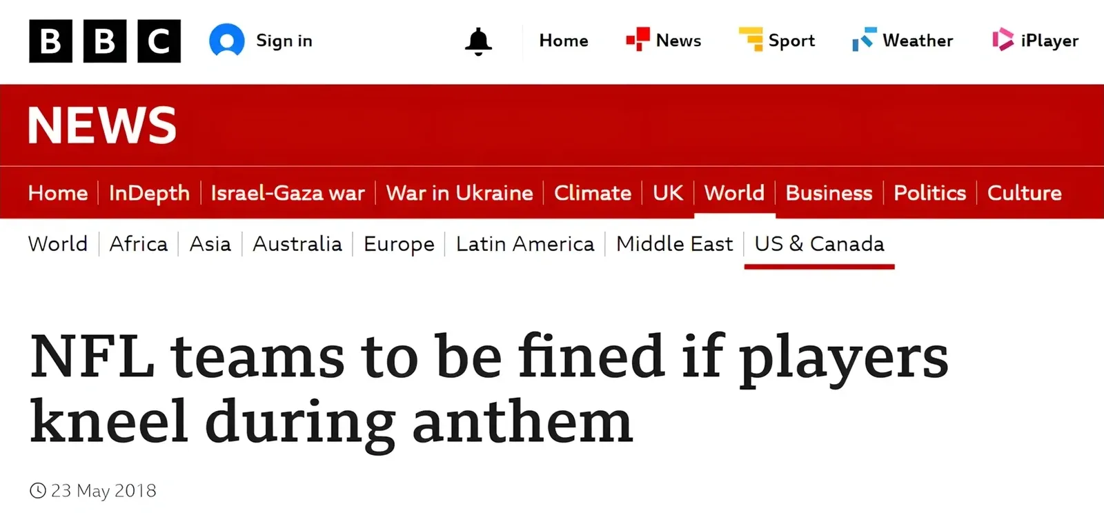 BBC News website screenshot. Section: World > US & Canada. Headline: "NFL teams to be fined if players kneel during anthem". Date: 23 May 2018