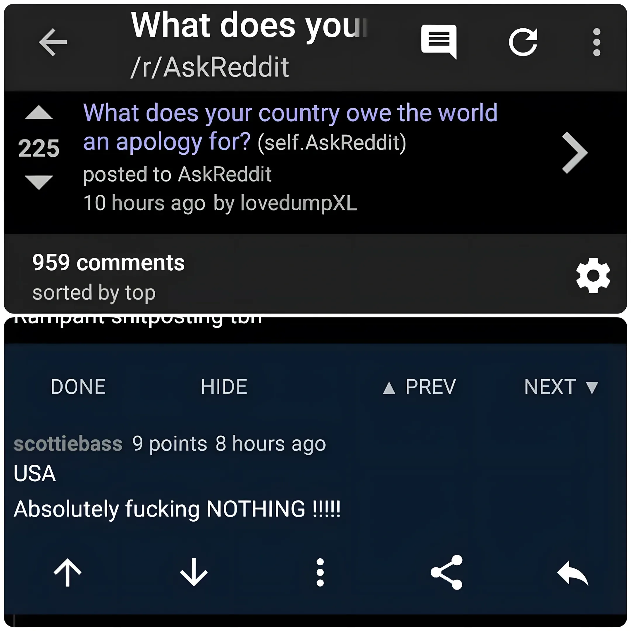 Reddit mobile app screenshot. r/AskReddit. Post: "What does your country owe the world an apology for?" (self.AskReddit) posted 10 hours ago by lovedumpXL. sorted by top. Comment by scottiebass (8 hours ago): "USA Absolutely fucking NOTHING!!!!!"