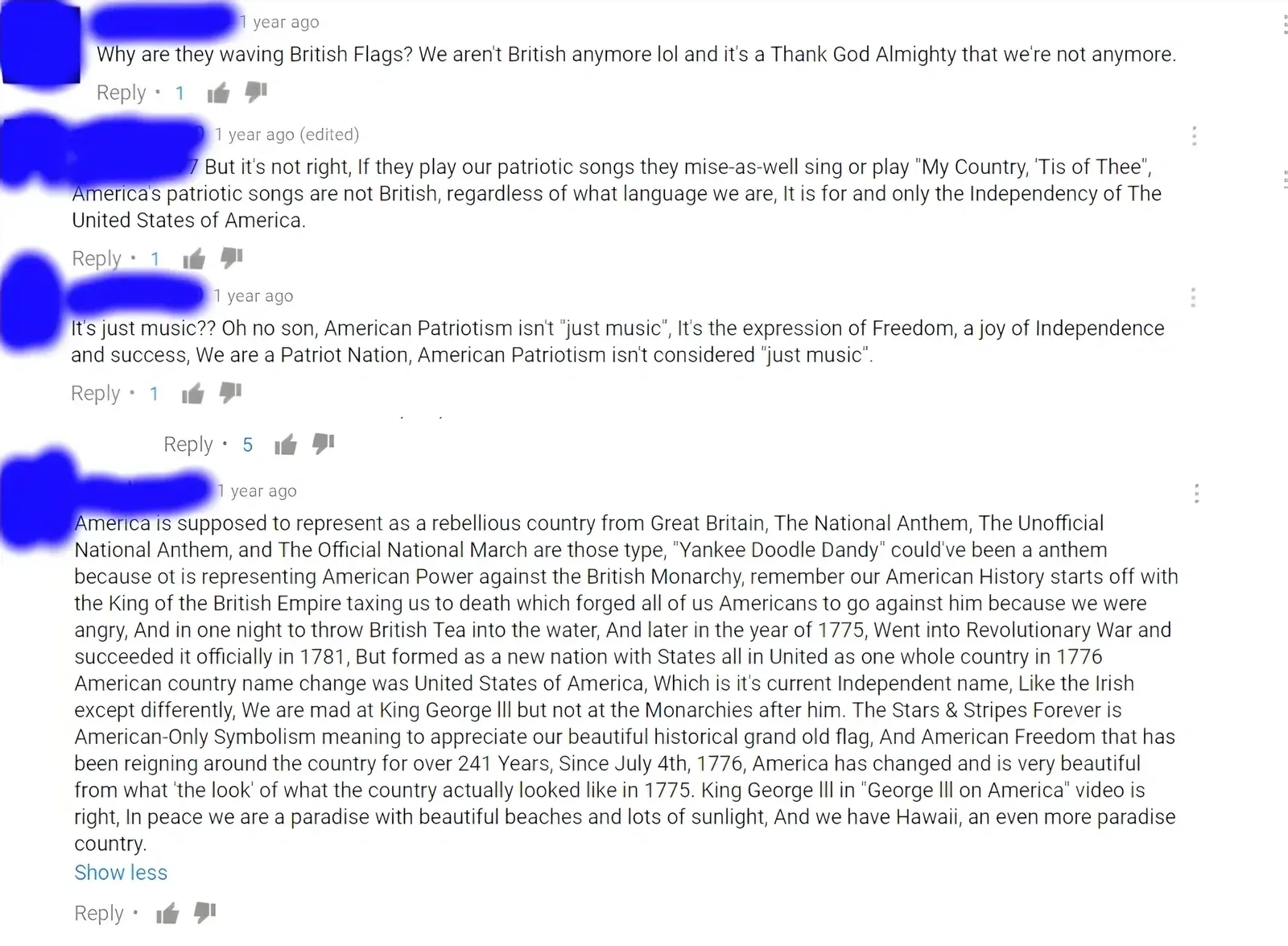 YouTube comment thread. Multiple comments about British flags and American patriotism. Long discussion including: "Why are they waving British Flags? We aren't British anymore lol", "American Patriotism isn't 'just music', It's the expression of Freedom", and a lengthy comment about Revolutionary War history, Yankee Doodle Dandy, and how "America is supposed to represent as a rebellious country from Great Britain"