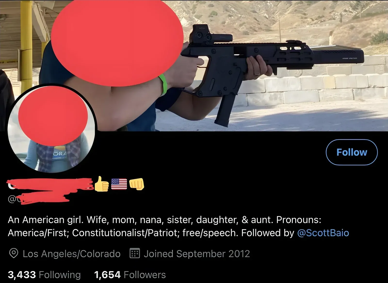 Twitter/X profile screenshot (face redacted). Bio: "An American girl. Wife, mom, nana, sister, daughter, & aunt. Pronouns: America/First; Constitutionalist/Patriot; free/speech. Followed by @ScottBaio". Banner photo showing person aiming a rifle. Los Angeles/Colorado. Joined September 2012. 3,433 Following, 1,654 Followers
