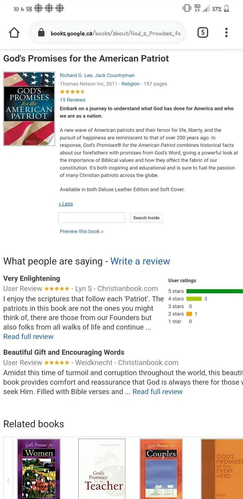 Google Books page for "God's Promises for the American Patriot" book. Reviews visible including "Very Enlightening" by Lyn S on Christianbook.com