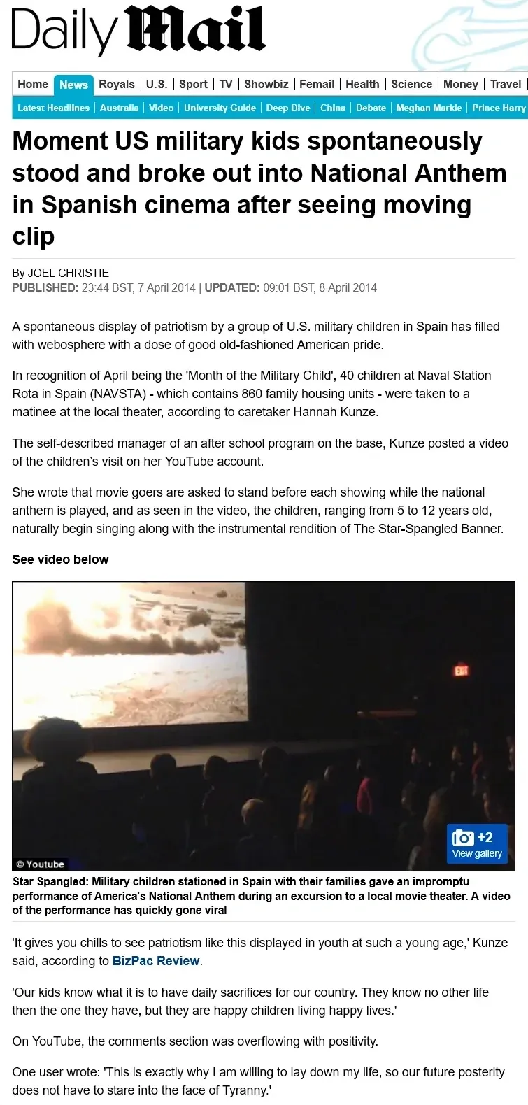 Daily Mail article screenshot. Headline: "Moment US military kids spontaneously stood and broke out into National Anthem in Spanish cinema after seeing moving clip". By Phil Christie, updated 23 Apr 2017. Article about 40 US military children at Naval Station Rota in Spain who stood and sang The Star-Spangled Banner in a cinema after seeing a moving clip. Photo of children standing in a darkened cinema