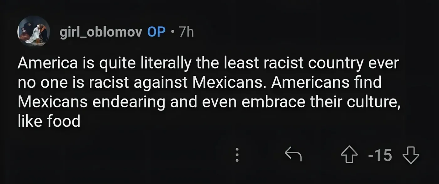 Reddit comment. girl_oblomov OP (7h, -15 downvotes): "America is quite literally the least racist country ever no one is racist against Mexicans. Americans find Mexicans endearing and even embrace their culture, like food"