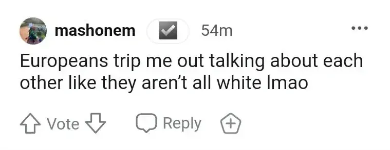 Reddit comment. mashonem (verified, 54m): "Europeans trip me out talking about each other like they aren't all white lmao"