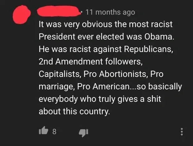 YouTube comment (username redacted, 11 months ago). Comment: "It was very obvious the most racist President ever elected was Obama. He was racist against Republicans, 2nd Amendment followers, Capitalists, Pro Abortionists, Pro marriage, Pro American...so basically everybody who truly gives a shit about this country."