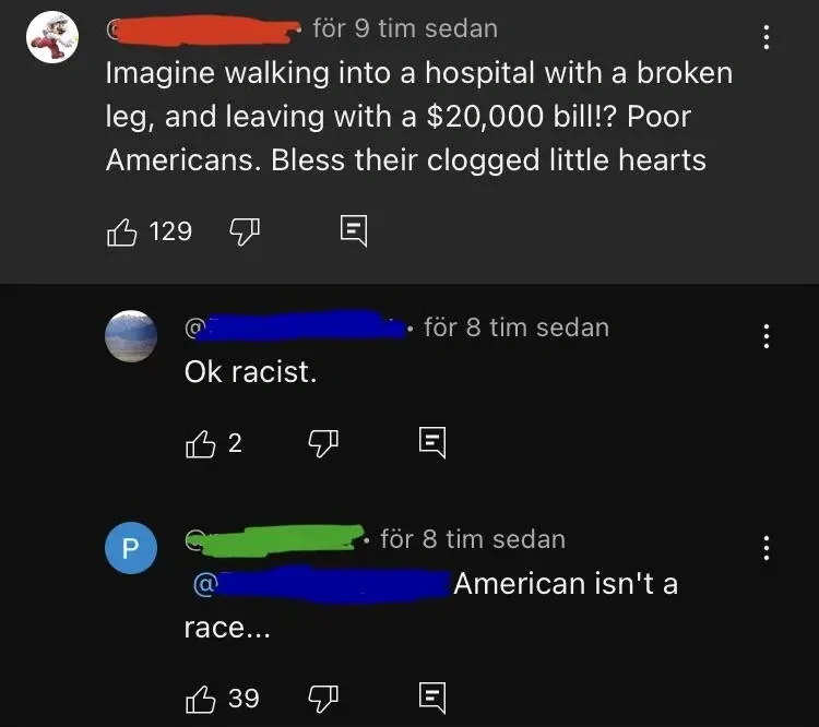 YouTube comment thread with Swedish-language interface ("for 9 tim sedan"). First comment (username redacted, 9h ago): "Imagine walking into a hospital with a broken leg, and leaving with a $20,000 bill!? Poor Americans. Bless their clogged little hearts". Reply (username redacted, 8h ago): "Ok racist." Reply (username redacted, 8h ago): "American isn't a race..."