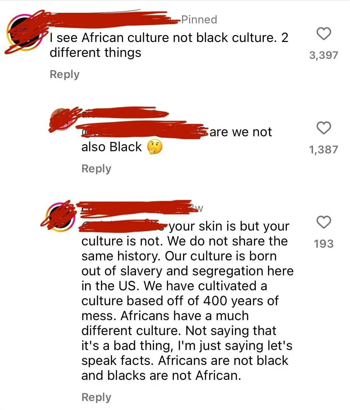 TikTok/Instagram comment thread. Three comments with username redacted. First (Pinned): "I see African culture not black culture. 2 different things". Second: "are we not also Black" with thinking emoji. Third: reply about culture being "born out of slavery and segregation here in the US" and "Africans are not black and blacks are not African"