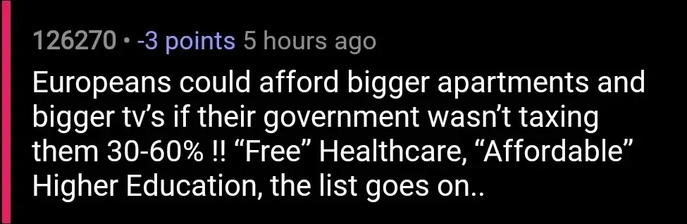 Reddit comment. 126270 (5 hours ago, -3 points): "Europeans could afford bigger apartments and bigger tv's if their government wasn't taxing them 30-60%!! 'Free' Healthcare, 'Affordable' Higher Education, the list goes on.."