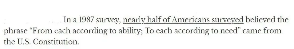 Text excerpt. "In a 1987 survey, nearly half of Americans surveyed believed the phrase 'From each according to ability; To each according to need' came from the U.S. Constitution." with "nearly half of Americans surveyed" underlined