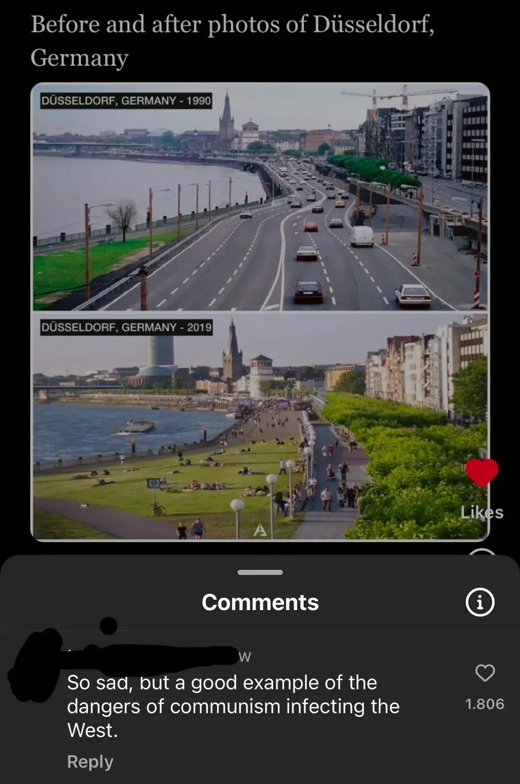 TikTok screenshot. Title: "Before and after photos of Dusseldorf, Germany". Two comparison photos showing Dusseldorf in 1990 (top) and 2019 (bottom) - both showing a modern, prosperous Rhine riverfront with roads and promenades. Comment below (username redacted): "So sad, but a good example of the dangers of communism infecting the West."