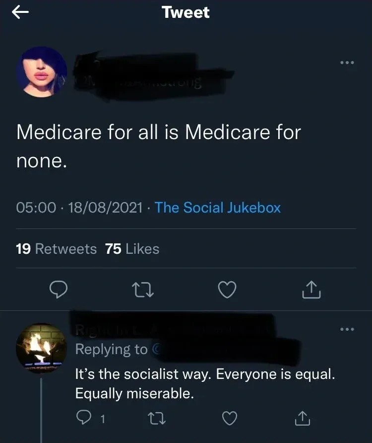Twitter/X thread. Top tweet (username redacted, female avatar): "Medicare for all is Medicare for none." 05:00, 18/08/2021. Reply (username redacted, fireplace avatar): "It's the socialist way. Everyone is equal. Equally miserable."